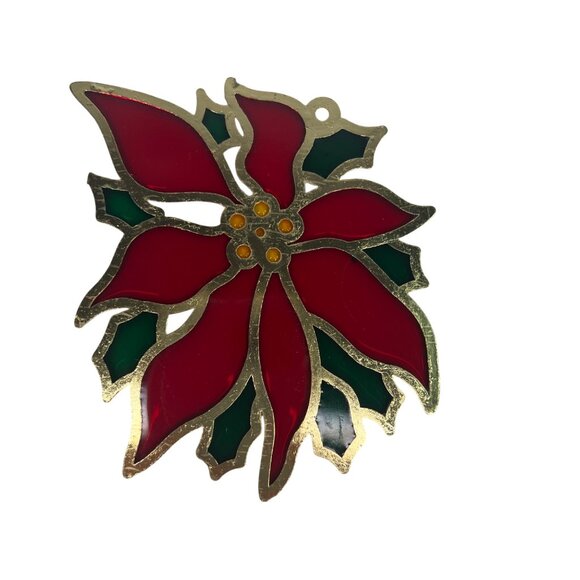 Poinsettia Stained Glass Style Christmas Ornament Metal & Resin Suncatcher Red - Picture 4 of 5